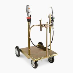 Chariot à huile pour fûts 180 / 220 kg, avec une pompe à huile pneumatique et un pistolet verseur.